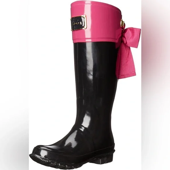 Joules Evedon Rain Boots Wellies - Black & Berry Pink Ribbon Bow - Picture 2 of 9